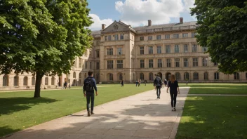 Et universitetsområde med en bygning merket 'Psykologisk institutt' og studenter som går rundt.