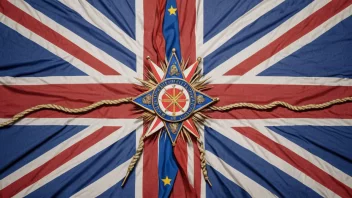 Et unionsflagg med en blå, hvit og rød fargekombinasjon, med symboler fra ulike nasjoner, som Storbritannia, Frankrike og Tyskland.