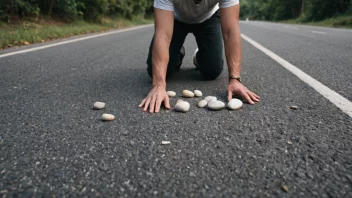 En person i arbeidstøy legger stein på en vei, med en trillebår og en spade i nærheten.