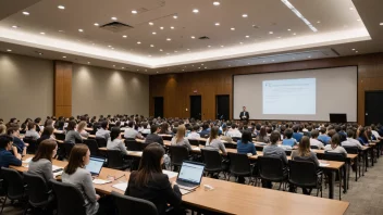 En bedriftslederskole eller universitet med studenter og lærere i et klasserom eller auditorium, med fokus på ledelse og bedriftsadministrasjon.