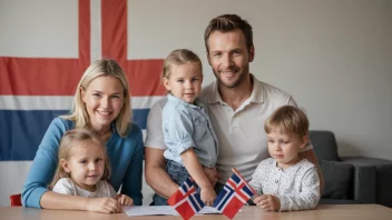 En familie med barn som smiler og holder hender, med et svakt norsk flagg i bakgrunnen