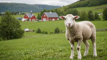 En ung sau i en grønn eng med en gård i bakgrunnen.