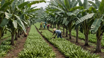 En bananplantasje med mange banantrær og noen arbeidere som høster bananer