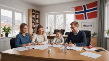 Et bilde av en norsk adopsjonsorganisasjons kontor, med en familie og et barn omgitt av adopsjonsdokumenter.