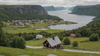 Et idyllisk norsk landskap med en liten landsby og en skilt med navnet 'Østberg'.