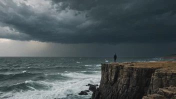 En person som står på en steinete klippe med en stormfull sjø i bakgrunnen.