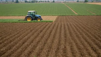 Jordbruksmarker med en traktor og en bonde i bakgrunnen, med en subtil forbindelse til industri og produksjon.