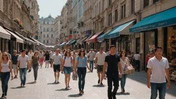 En travel handlegate i sentrum av en by med mennesker som handler og sosialiserer