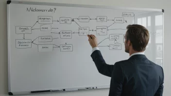 En bedriftsleder som analyserer et flytdiagram med fokus på et bestemt område merket som 'målområde'.