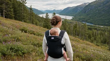 En person som bærer en sælebota med et barn inni, i et naturskjønt utendørsmiljø.