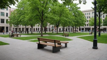 En offentlig plass med en grønn gressplen, trær og benker.