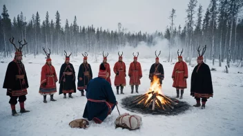 En samegamme i et vinterlandskap med samer samlet rundt et bål.