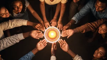 En gruppe mennesker fra ulike kulturer og bakgrunner som kommer sammen, med et glødende lys som representerer deres kollektive ånd og identitet.