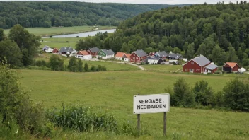 Et malerisk bilde av en gård eller landsby med et skilt som leser 'Nedgården'.