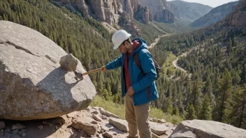 En person som er interessert i geologi, studerer bergarter og landskap i en naturskønt omgivelse.