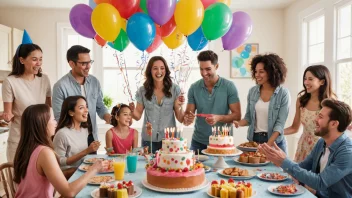 Et fødselsdagsselskap med en stor kake, ballonger og gaver, omgitt av glad familie og venner.