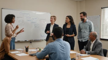 En gruppe mennesker fra ulike bakgrunner og aldre samlet rundt et bord, engasjert i en diskusjon med en whiteboard i bakgrunnen fylt med ideer og mål.