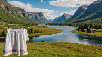 Et fargerikt strutteskjørt som henger på en klesstreng med et naturskjønt norsk landskap i bakgrunnen.