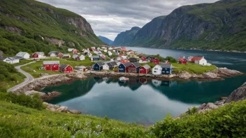 En malerisk landsby med tradisjonelle norske hus og en storslagen kystlinje