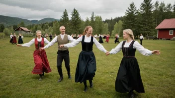 En gruppe mennesker danser tradisjonell norsk folkedans i en landlig setting, med fjell og trær i bakgrunnen