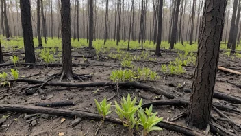 Et bilde av en skog med ny vekst og gjenvekst etter en brann eller ødeleggelse.