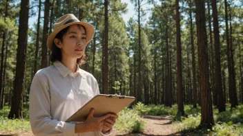 En skogmester som står i en skog og ser på en clipboard