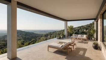 Et hus med en stor, utbygd terrasse som tilbyr en panoramautsikt over omgivelsene.