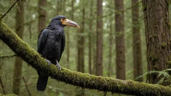 En skulking fugl på en gren i en skog.