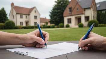 En person som signerer et dokument, med et hus i bakgrunnen.