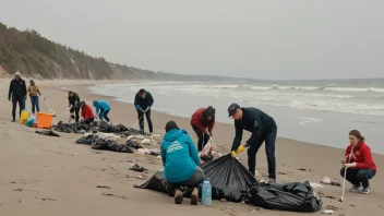 En gruppe mennesker som rydder opp søppel på en strand, som en del av en sjøvettkampanje.