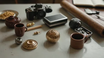 Et bord med ulike gjenstander, inkludert en bok, en vase og en liten dekorativ boks, med fokus på den lille dekorative boksen.