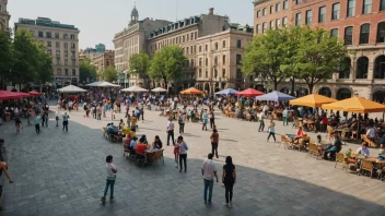 En levende offentlig plass i sentrum av byen.