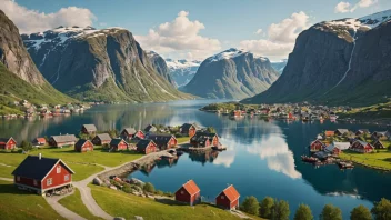 En tradisjonell norsk landsby, med trehus og mennesker i tradisjonelle klær, omgitt av et vakkert landskap.