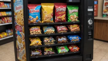 En automat med et utvalg av snacks og drikke.