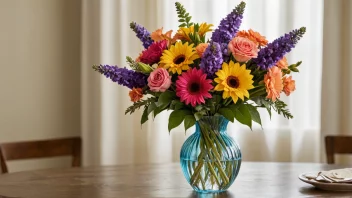 En vakker blomsterdekorering på et bord med en dekorativ vase og fargerike blomster.