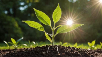 En plante som vokser under optimale forhold, med faktorer som sollys, vann og næring fremhevet.