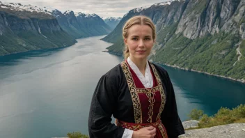 En kvinne i tradisjonell klesdrakt står foran en fjord.