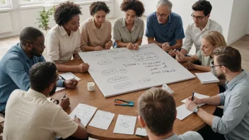 En gruppe mennesker fra ulike bakgrunner og aldre samlet rundt et bord, diskuterer og planlegger sammen, med en stor bit papir eller whiteboard i sentrum med notater og ideer skrevet på det.