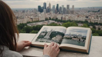 En person som ser på et fotoalbum med en nostalgisk uttrykk, med et bylandskap eller landskap i bakgrunnen som er uskarpt eller falmet.