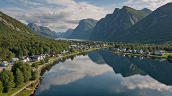 Et pittoreskt landskap av Åsnes kommune med rullende åser, skoger og en fredelig innsjø i bakgrunnen.