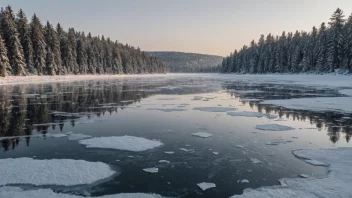 Et stille vinterlandskap med en frosset vannmasse, som viser effekten av lave temperaturer.