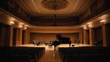 En varm og koselig konsert sal med et stort piano på scenen, omgitt av noteark og dempet belysning.