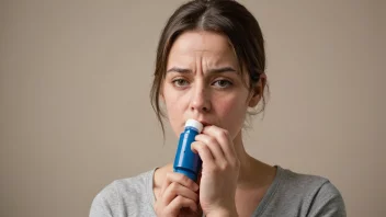 En person som håndterer astmasymptomene sine med en inhalator, omgitt av vanlige allergener.