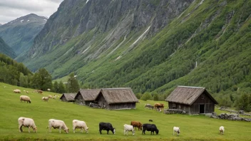 Et tradisjonelt norsk fjellgård med seterhytter og beitende husdyr.