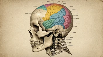 Et bilde som representerer konseptet frenologi, med en persons hodeskalle og ulike områder fremhevet.