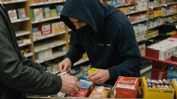 En person med hette og solbriller stjeler sigaretter fra en butikkhylle