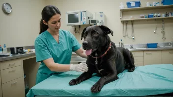 En veterinær på en klinik, kastrerer en hund på et operasjonsbord.