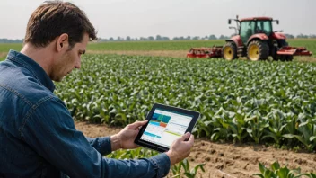 En agrotekniker som jobber i et jorde, bruker teknologi for å optimalisere produksjonen av avlinger.