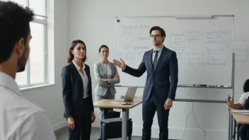 En leder som står foran en whiteboard med et team i bakgrunnen