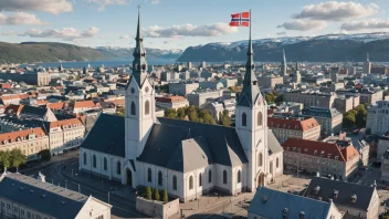 Et bilde av en kirkebygning med norsk flagg, som representerer forbindelsen mellom kirke og stat i Norge.